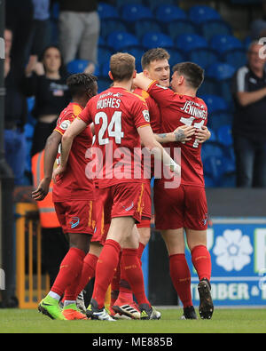 iHalifax, UK. 21st April, 2018.  National League, Halifax Town v Tranmere Rovers; Andy Cook of Tranmere Rovers celebrates his goal with team mates Credit: News Images /Alamy Live News Stock Photo