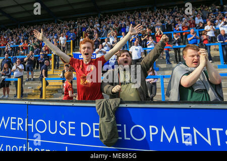Halifax, UK. 21st April, 2018.  National League, Halifax Town v Tranmere Rovers; Tranmere fans go wild as the win 0-2 Credit: News Images /Alamy Live News Stock Photo