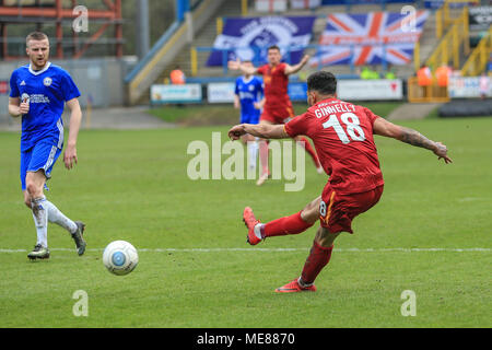 Halifax, UK. 21st April, 2018.  National League, Halifax Town v Tranmere Rovers; Josh Ginnelly of Tranmere Rovers shoots on goal and misses Credit: News Images /Alamy Live News Stock Photo