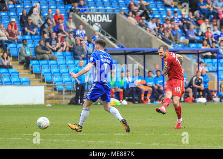 Halifax, UK. 21st April, 2018.  National League, Halifax Town v Tranmere Rovers; James Norwood of Tranmere Rovers shoots on goal and its saved Credit: News Images /Alamy Live News Stock Photo