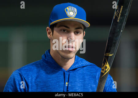 Milwaukee, WI, USA. 21st Apr, 2018. Milwaukee Brewers center fielder  Christian Yelich #22 during batting practice prior to the Major League  Baseball game between the Milwaukee Brewers and the Miami Marlins at