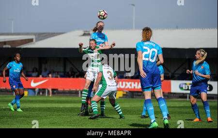 Weston-super-Mare, UK, 21 April 2018.  Louise Quinn of Arsenal climbs over Bow Jackson of Yeovil to header the ball towards goal during the WSL match between Yeovil Town Ladies FC and Arsenal Women at The Woodspring Stadium. © David Partridge / Alamy Live News Stock Photo