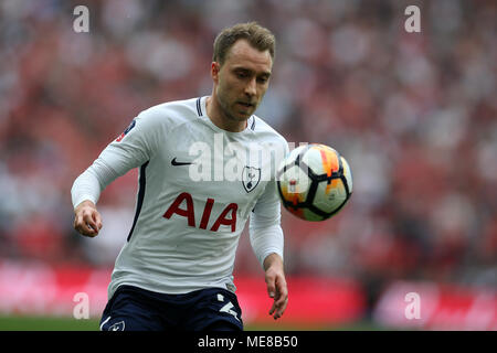 London, UK, 21 April 2018. Christian Eriksen of Tottenham Hotspur in action.The Emirates FA Cup semi final match, Manchester Utd v Tottenham Hotspur at Wembley Stadium in London on  Saturday 21st April 2018.  this image may only be used for Editorial purposes. Editorial use only, license required for commercial use. No use in betting, games or a single club/league/player publications. pic by Andrew Orchard/Andrew Orchard sports photography/Alamy Live news Stock Photo