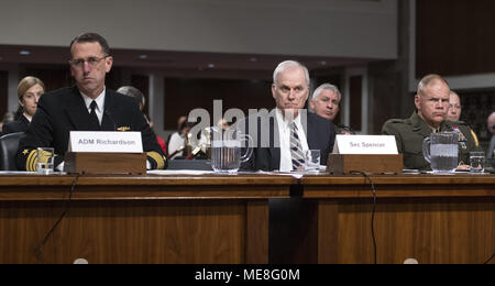 April 19, 2018 - Washington, District of Columbia, United States of America - United States Navy Admiral John M. Richardson, Chief Of Naval Operations, left, US Secretary of The Navy Richard V. Spencer, center, and US Marine Corps General Robert B. Neller, Commandant of The US Marine Corps, right, testify before the US Senate Committee on Armed Services ''on the posture of the Department of the Navy in review of the Defense Authorization Request for Fiscal Year 2019 and the Future Years Defense Program'' on Thursday, April 19, 2018..Credit: Ron Sachs / CNP (Credit Image: © Ron Sachs/CNP via ZU Stock Photo