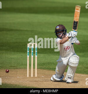 London,UK. 22 April 2018. Ollie Pope batting for Surrey against Hampshire on day  three of the Specsavers County Championship game at the Oval. David Rowe/Alamy Live News Stock Photo