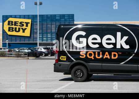 A Geek Squad logo is seen on a vehicle outside of a Best Buy retail store location in Elkridge, Maryland on April 20, 2018. Stock Photo