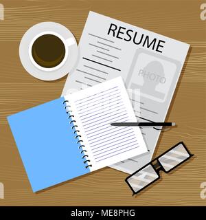 Find work, resume on table. Vector career, resume and hiring, cv applicant illustration Stock Vector