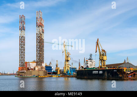 GDANSK, POLAND - April 15, 2018: Oil rig Petrobaltic docked in shipyard of Gdansk. Poland Stock Photo