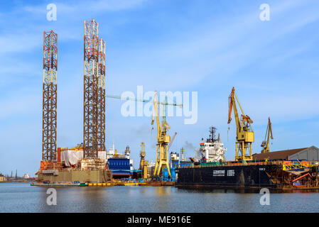 GDANSK, POLAND - April 15, 2018: Oil rig Petrobaltic docked in shipyard of Gdansk. Poland Stock Photo