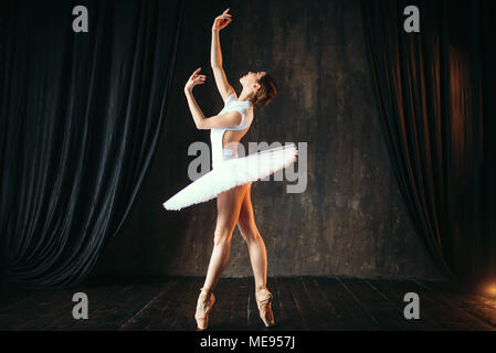 Beautiful graceful ballerina dancing in class. Ballet dancer training on the stage Stock Photo