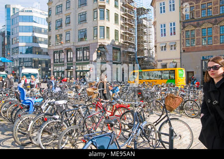 COPENHAGEN, DENMARK - APRIL 13, 2010: Hojbro Plads (Hojbro Square; High Bridge Square). Many bikes on High Bridge Square in the center of the city Stock Photo