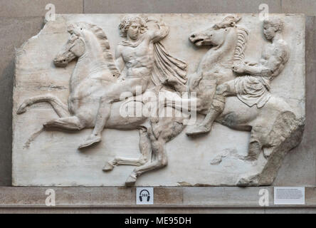 London. England. British Museum, Parthenon Frieze (Elgin Marbles), two horsemen from the West Frieze, from the Parthenon on the Acropolis in Athens, c Stock Photo