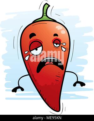 A cartoon illustration of a chili pepper crying. Stock Vector