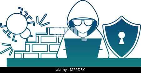 cyber security hacker working laptop bug firewall shield Stock Vector