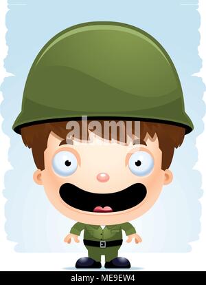 A cartoon illustration of a boy soldier smiling. Stock Vector