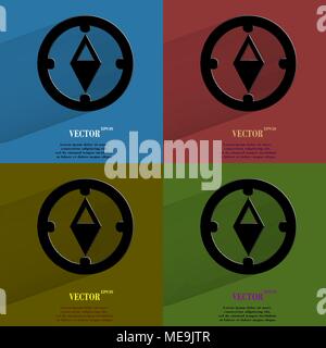 Color set Compass. Flat modern web button with long shadow and space for your text. Vector. EPS10 Stock Vector