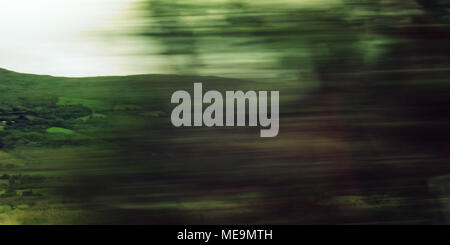 Defocused trees viewed through a car windscreen. Toned filter photo. Blurred action from car at high speed. Vague view through moving car window. Ring Stock Photo