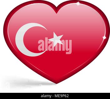 Flags of Turkey in a heart shape with highlights on the edges. Vector illustration Stock Vector