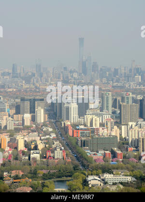 View over Beijing looking east from the China Central Television tower, Beijing, China, with China Zun tower prominent in the CBD in the distance Stock Photo