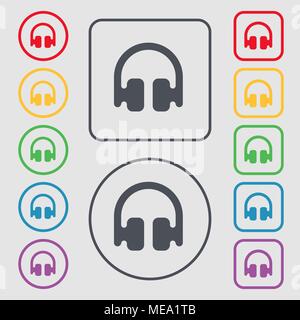 Headphones, Earphones icon sign. symbol on the Round and square buttons with frame. Vector illustration Stock Vector