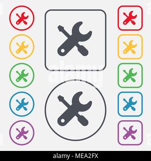 screwdriver, key, settings icon sign. symbol on the Round and square buttons with frame. Vector illustration Stock Vector