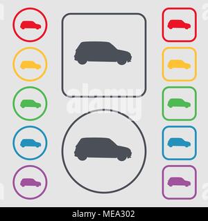 Jeep icon sign. symbol on the Round and square buttons with frame. Vector illustration Stock Vector