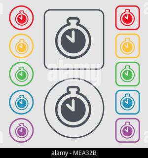 The stopwatch icon sign. symbol on the Round and square buttons with frame. Vector illustration Stock Vector