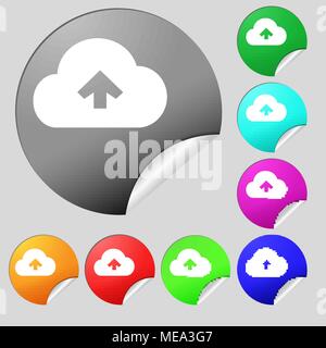 Upload from cloud  icon sign. Set of eight multi-colored round buttons, stickers. Vector illustration Stock Vector