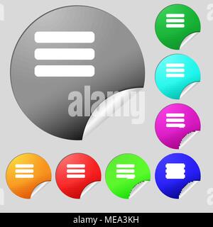 List menu, Content view options  icon sign. Set of eight multi-colored round buttons, stickers. Vector illustration Stock Vector