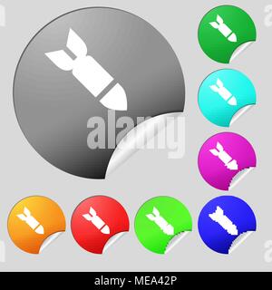 Missile,Rocket weapon  icon sign. Set of eight multi-colored round buttons, stickers. Vector illustration Stock Vector
