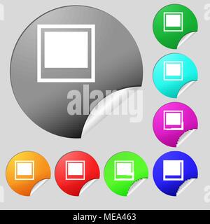 Photo frame template  icon sign. Set of eight multi-colored round buttons, stickers. Vector illustration Stock Vector
