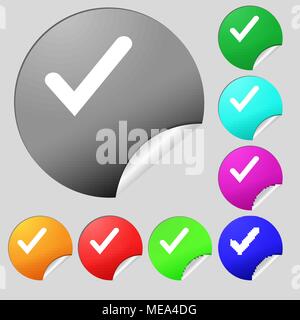 Check mark, tik  icon sign. Set of eight multi-colored round buttons, stickers. Vector illustration Stock Vector