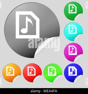 Audio, MP3 file  icon sign. Set of eight multi-colored round buttons, stickers. Vector illustration Stock Vector
