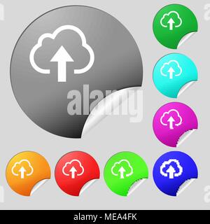 Upload from cloud  icon sign. Set of eight multi-colored round buttons, stickers. Vector illustration Stock Vector