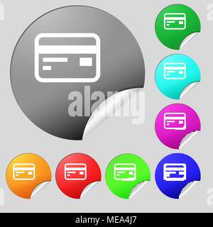 Credit, debit card  icon sign. Set of eight multi-colored round buttons, stickers. Vector illustration Stock Vector