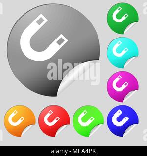 magnet, horseshoe  icon sign. Set of eight multi-colored round buttons, stickers. Vector illustration Stock Vector