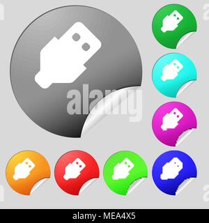 USB  icon sign. Set of eight multi-colored round buttons, stickers. Vector illustration Stock Vector