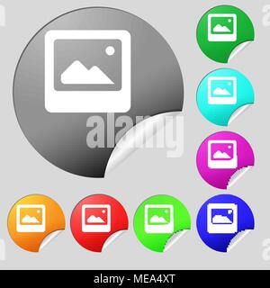 Photo frame template  icon sign. Set of eight multi-colored round buttons, stickers. Vector illustration Stock Vector
