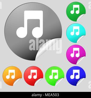 Music note  icon sign. Set of eight multi-colored round buttons, stickers. Vector illustration Stock Vector