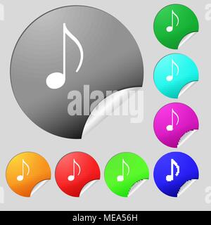 musical note, music, ringtone icon sign. Set of eight multi colored round buttons, stickers. Vector illustration Stock Vector