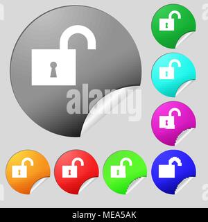 open lock icon sign. Set of eight multi colored round buttons, stickers. Vector illustration Stock Vector