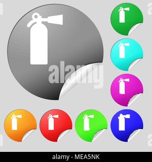 extinguisher icon sign. Set of eight multi colored round buttons, stickers. Vector illustration Stock Vector