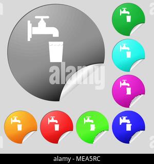 faucet, glass, water icon sign. Set of eight multi colored round buttons, stickers. Vector illustration Stock Vector