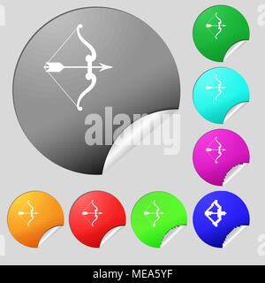 bow and arrow icon sign. Set of eight multi colored round buttons, stickers. Vector illustration Stock Vector