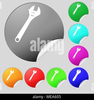 wrench icon sign. Set of eight multi colored round buttons, stickers. Vector illustration Stock Vector
