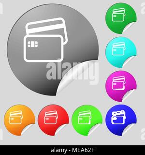 Credit card icon sign. Set of eight multi colored round buttons, stickers. Vector illustration Stock Vector