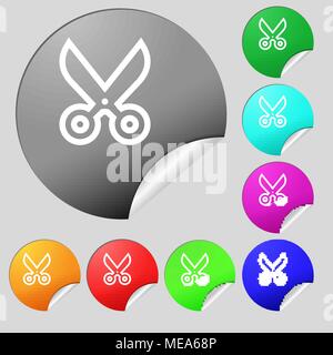 scissors icon sign. Set of eight multi colored round buttons, stickers. Vector illustration Stock Vector