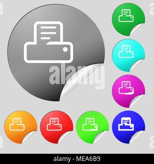 Printing icon sign. Set of eight multi colored round buttons, stickers ...