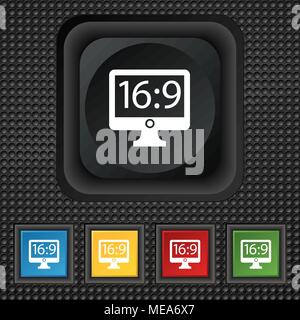 Aspect ratio 16:9 widescreen tv icon sign. symbol Squared colourful buttons on black texture. Vector illustration Stock Vector