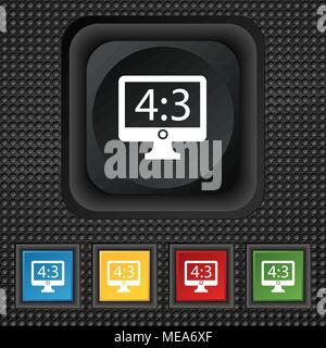 Aspect ratio 4 3 widescreen tv icon sign. symbol Squared colourful buttons on black texture. Vector illustration Stock Vector